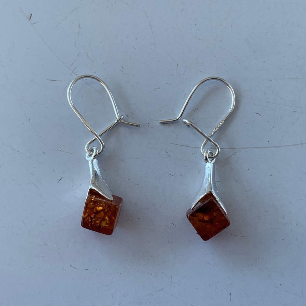 Cube Shape Amber Drop Dangle Silver Botw Earrings - image 1